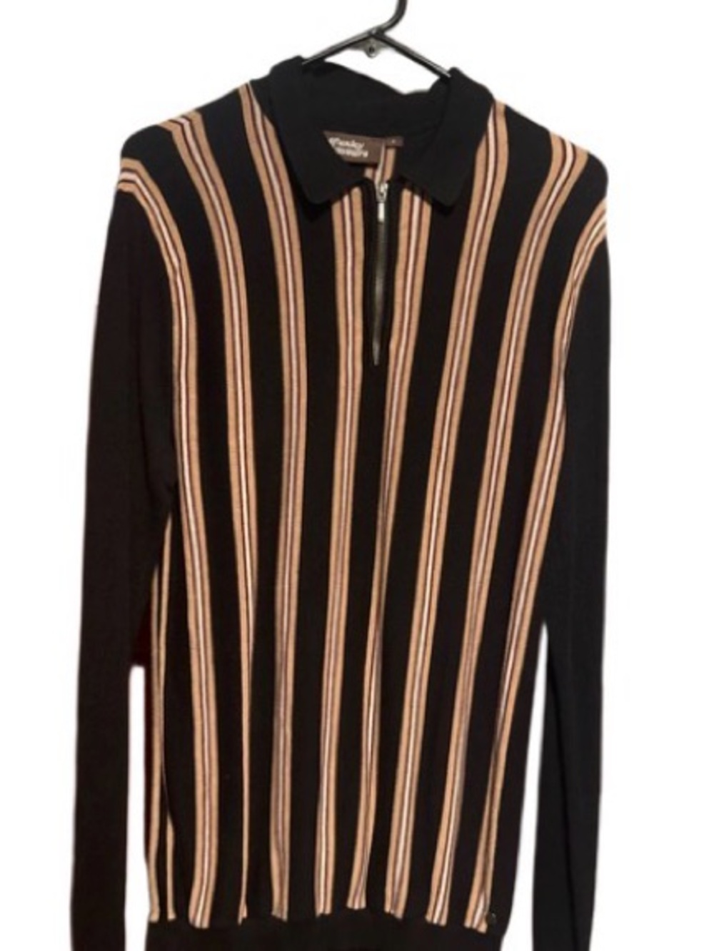 Men's Black Zip-Up Sweater with Tan Vertical Stripes